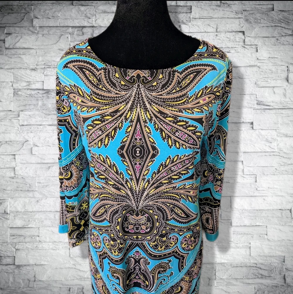 Teal Turquoise Stretch Mini Dress 3/4 Sleeves Boat Neck Flattering Fit D10 - Picture 9 of 11
